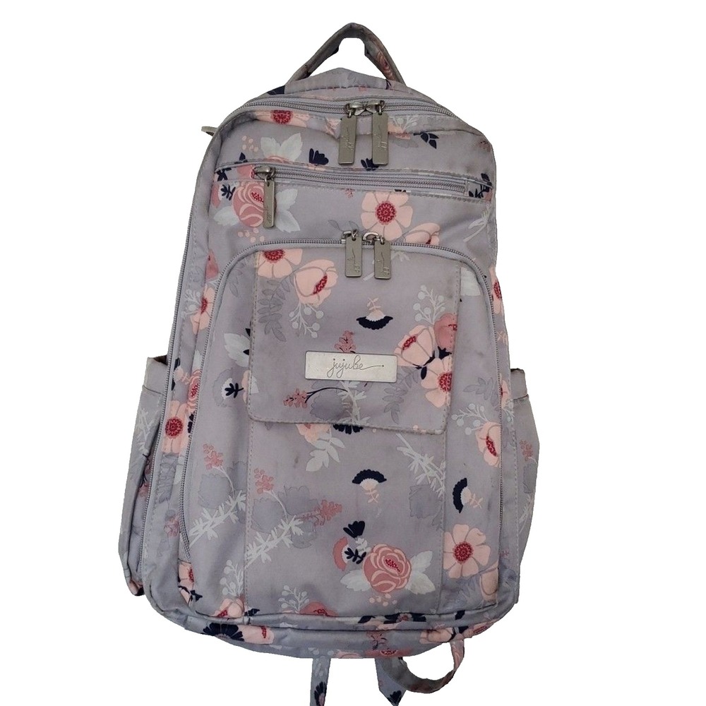 JuJuBe Be Right Back Diaper Bag Backpack Whimsical Whisper Floral Gray Pink